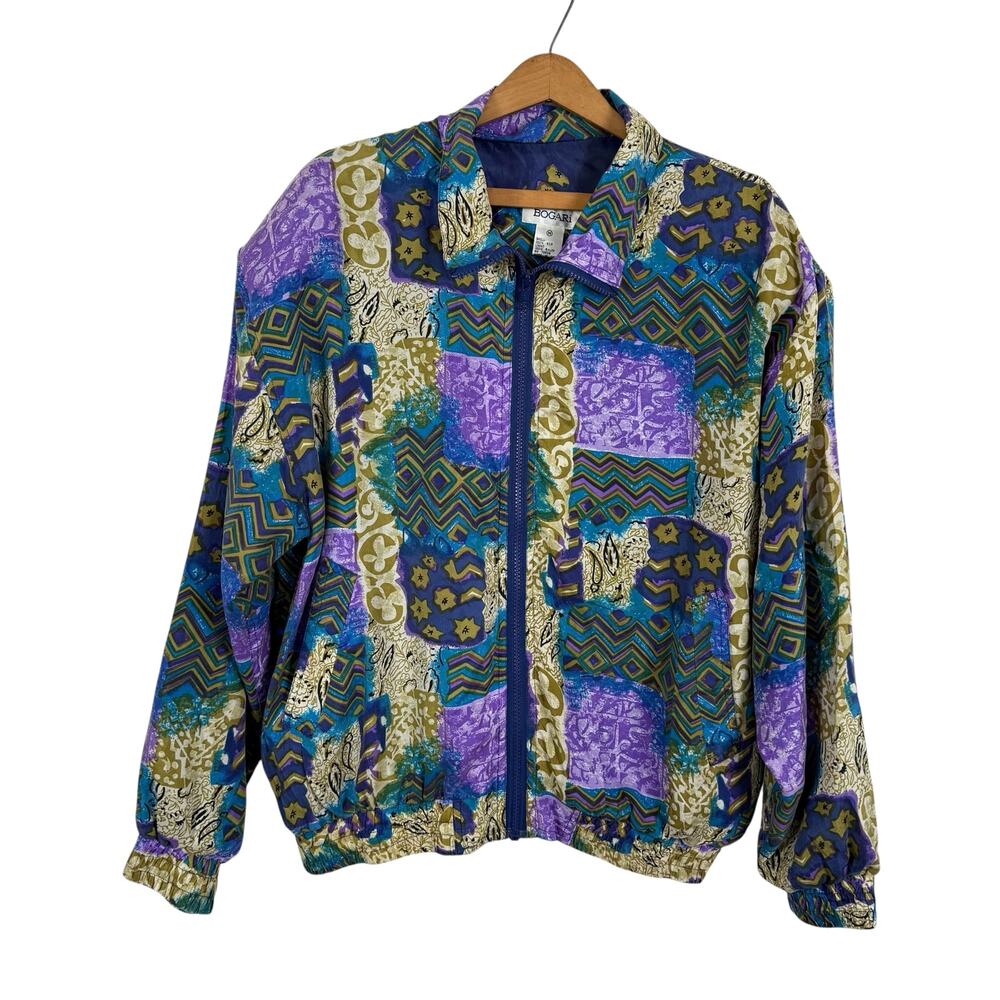 Vintage Bogari Women Silk Jacket Windbreaker Size Medium Artsy Abstract Boho